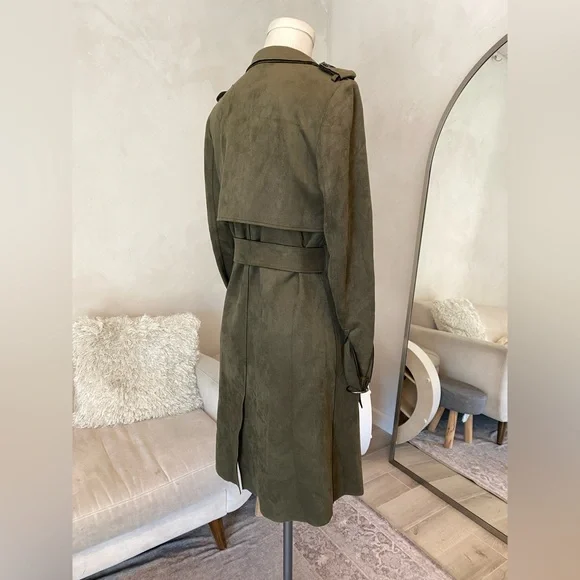 OLIVE GREEN SOFT FAUX SUEDE TRENCH COAT SIZE SMALL - Picture 5 of 13
